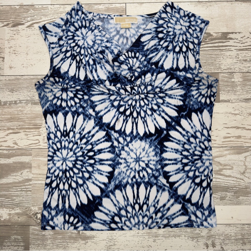 Michael Kors Petite Medium Sleeveless Abstract Floral‎ Top Blue White V-Neck